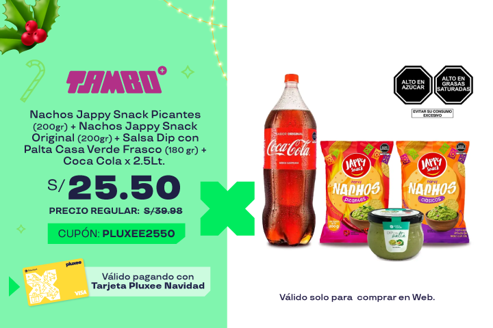 NACHOS JAPPY SNACK PICANTES X 200GR + NACHOS JAPPY SNACK ORIGINAL X 200GR + SALSA DIP CON PALTA CASA VERDE FRASCO X 180GR + GASEOSA COCA COLA X 2.5LT.